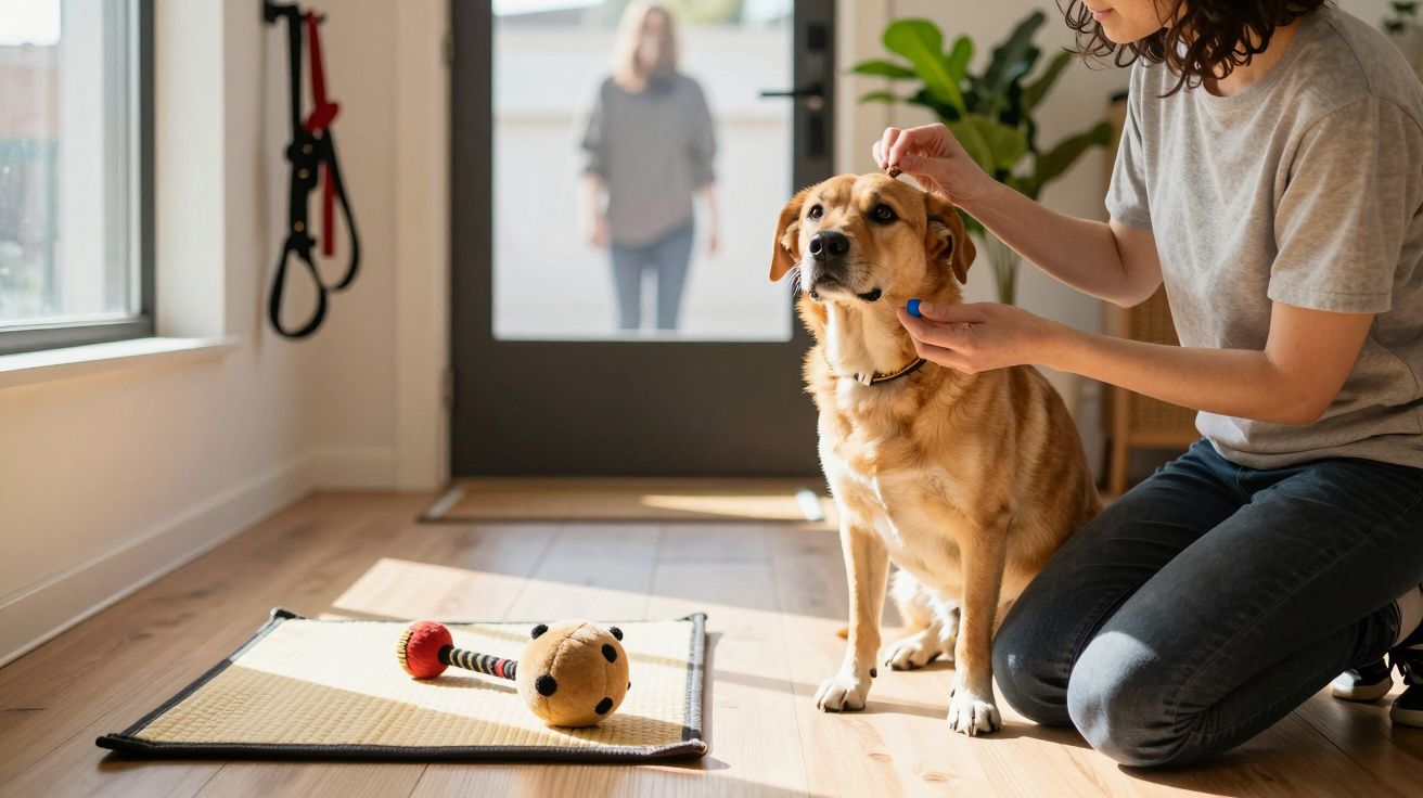 Persona acariciando a un perro mientras otra entra por la puerta. La sala está iluminada con luz natural, objeto de juguete a