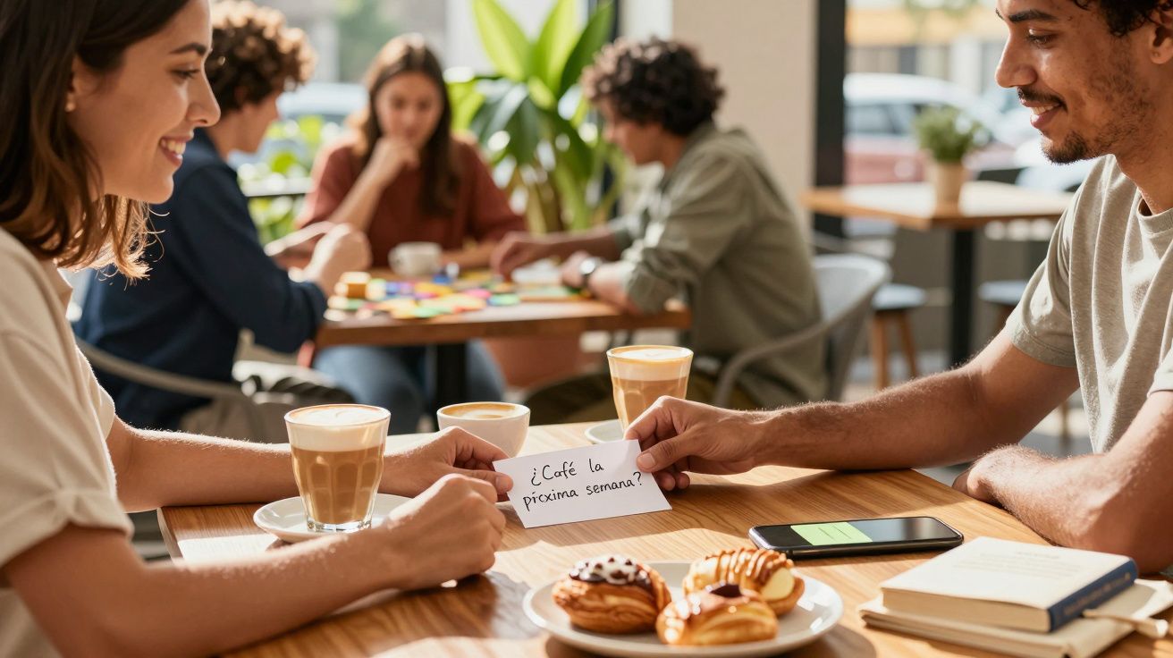Personas conversan en una cafetería, con café y pasteles en la mesa. Una persona muestra una nota que dice: "¿Café la próxima