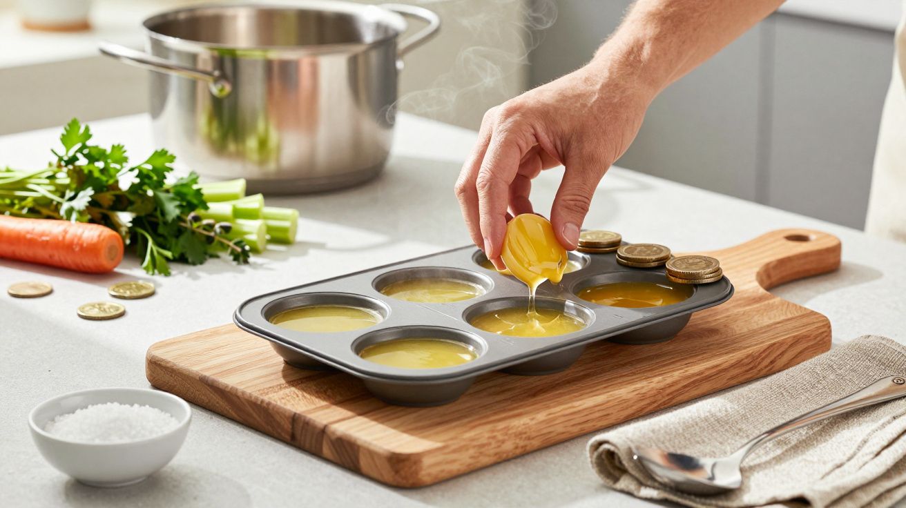 Mano vertiendo aceite en moldes de horno sobre tabla de madera, con verduras y utensilios de cocina alrededor.
