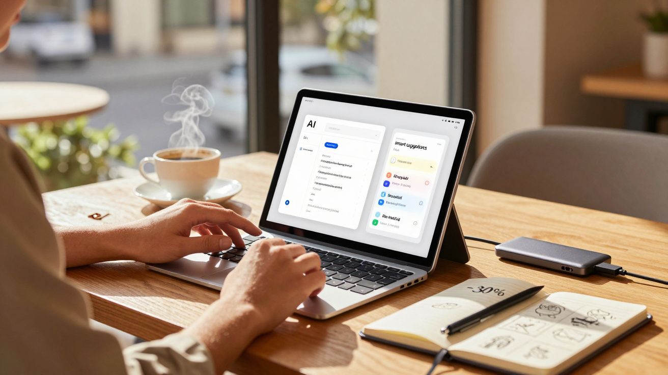 Persona usando un portátil en una mesa, con una taza de café y un cuaderno abierto al lado.