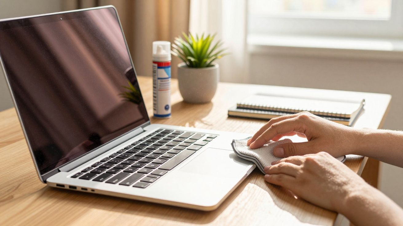 Mano limpiando un portátil en un escritorio de madera, junto a una planta, libreta y bote de spray.