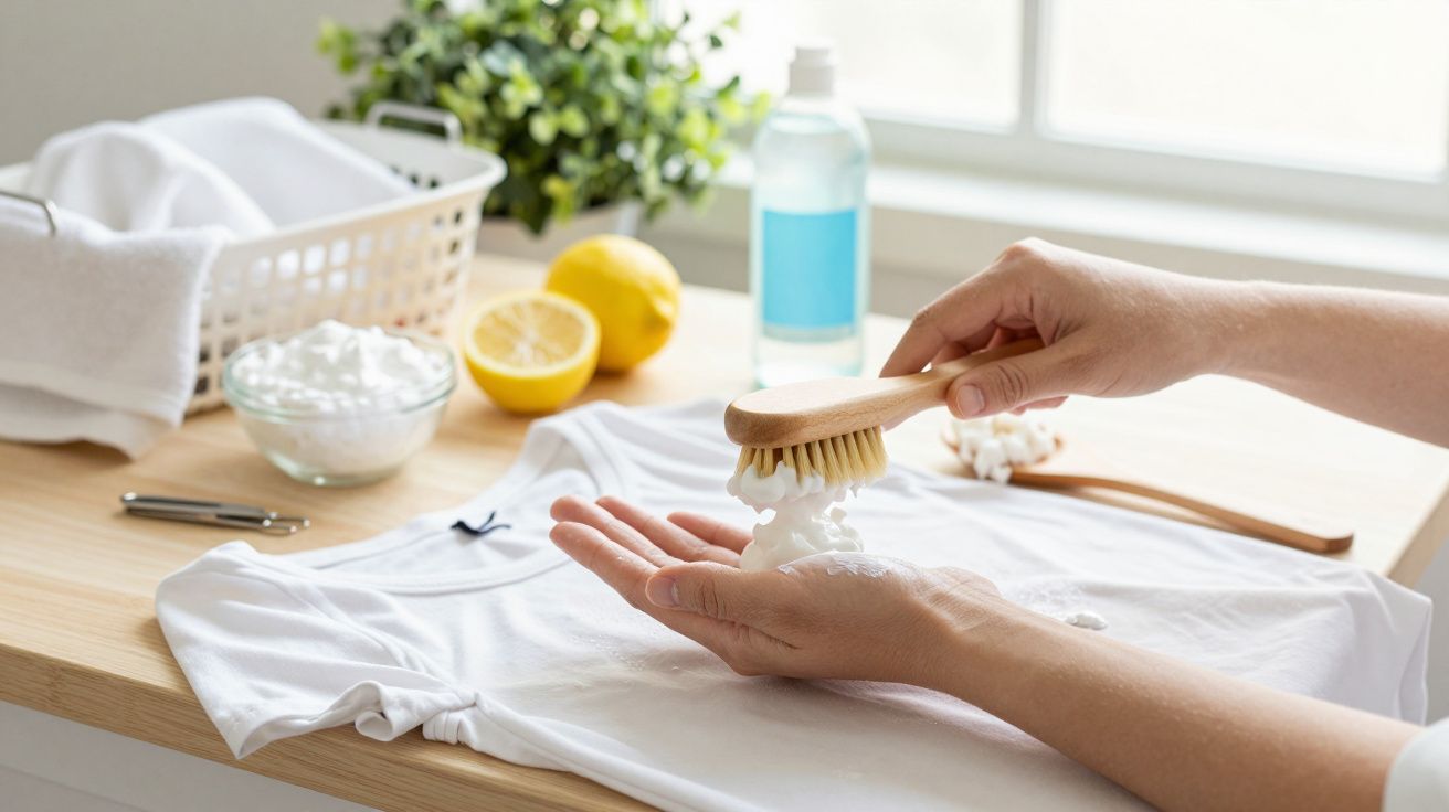 Persona limpiando una camiseta blanca con cepillo y detergente, limón y botella en la mesa.