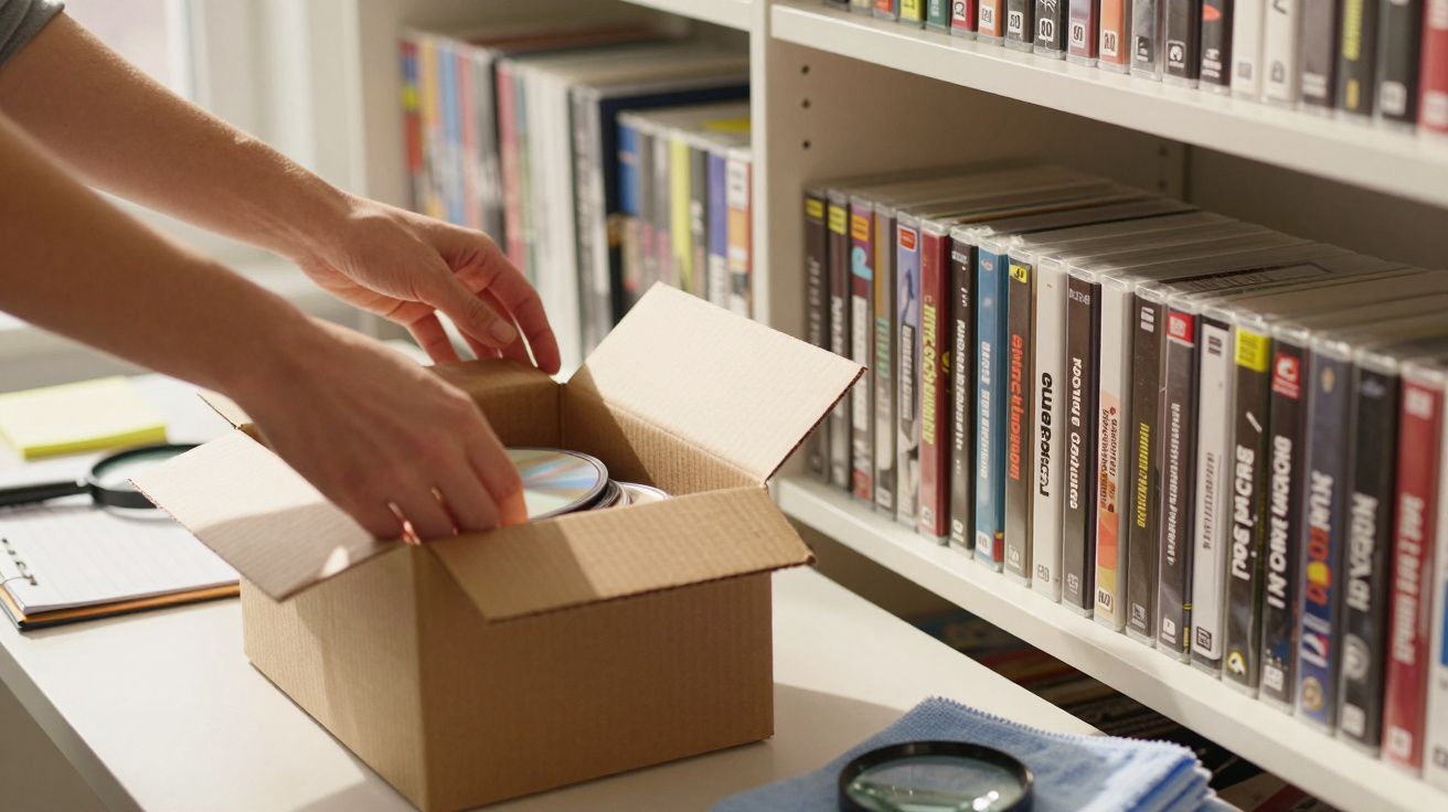Persona almacenando CD en una caja de cartón junto a estantería llena de discos y lupa sobre un trapo azul.