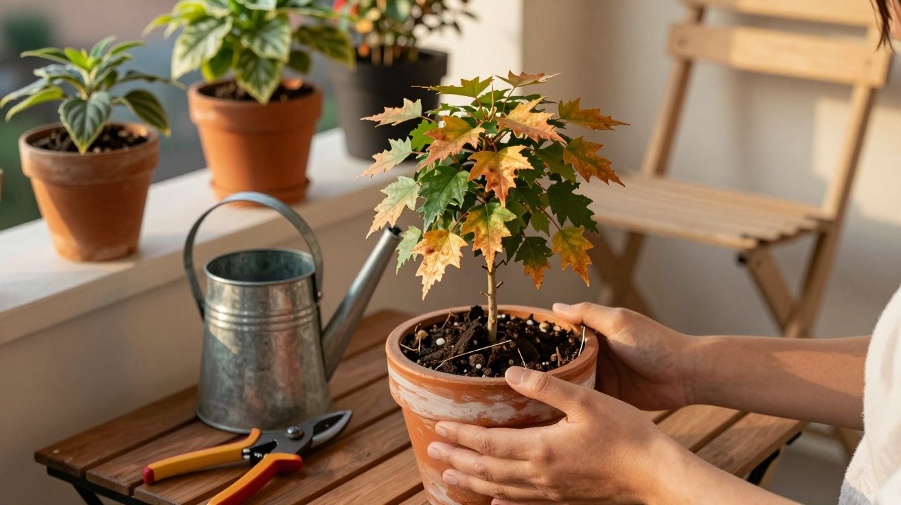Persona cuidando una planta en maceta sobre una mesa con regadera y tijeras de podar, otras plantas al fondo.