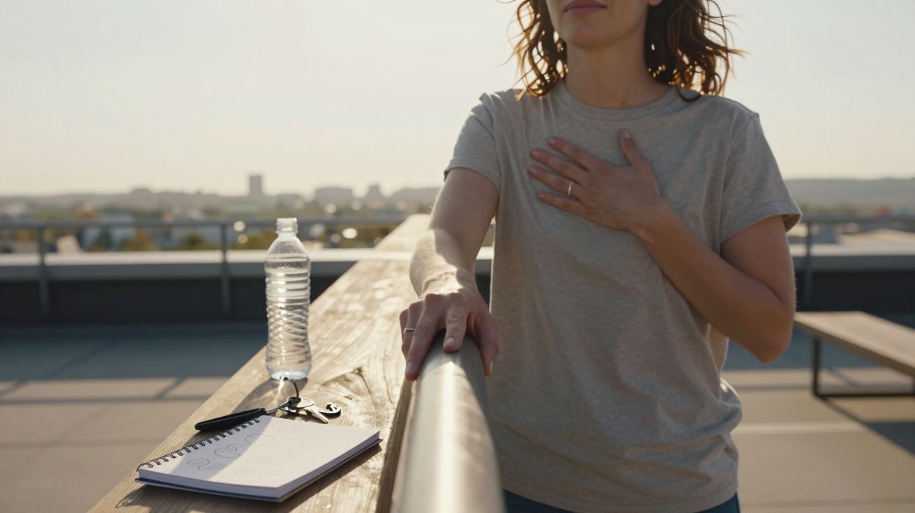 Mujer apoyada en una barandilla al aire libre, con la mano en el pecho; al lado, una botella de agua y una libreta.