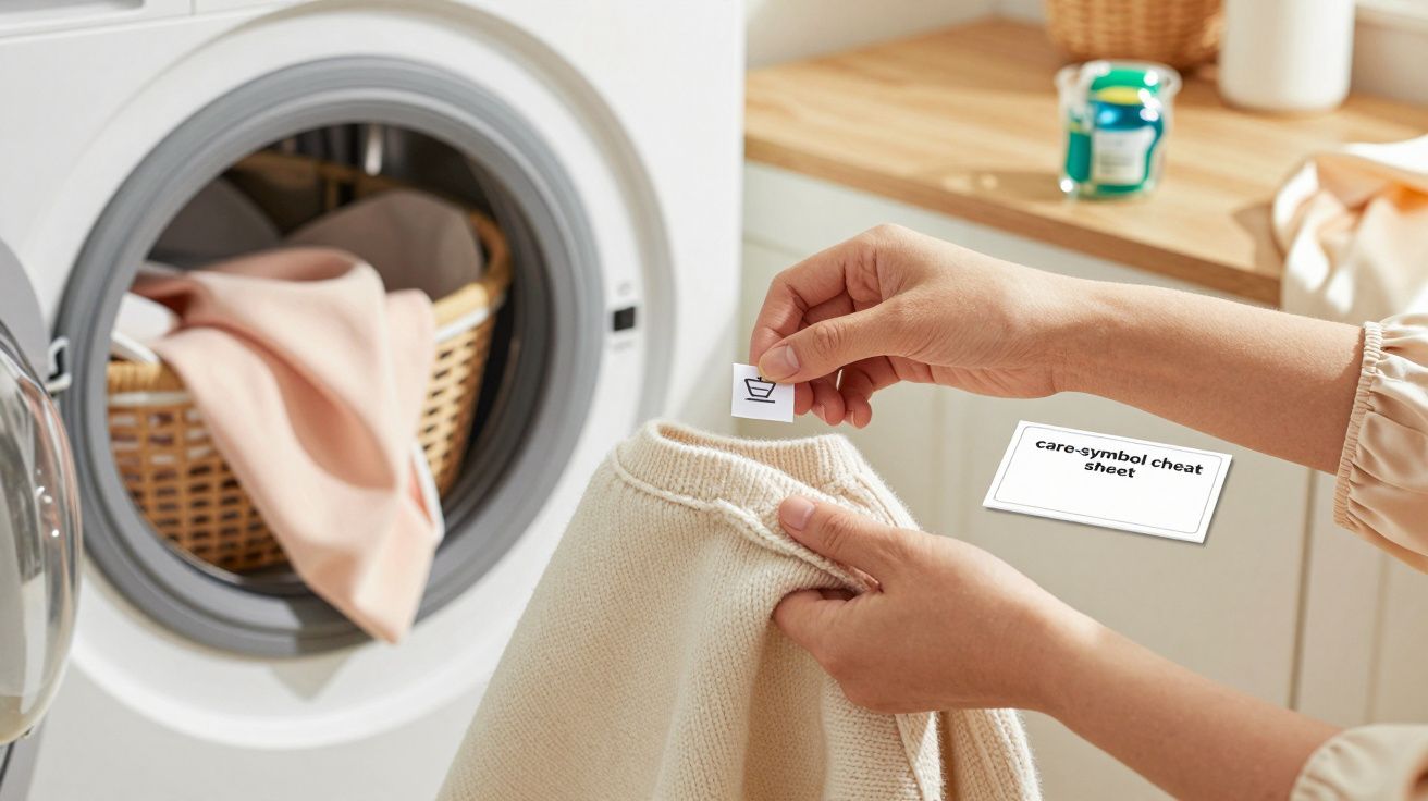 Persona comprobando etiqueta de cuidado en una prenda blanca cerca de una lavadora con ropa y detergente en el fondo.