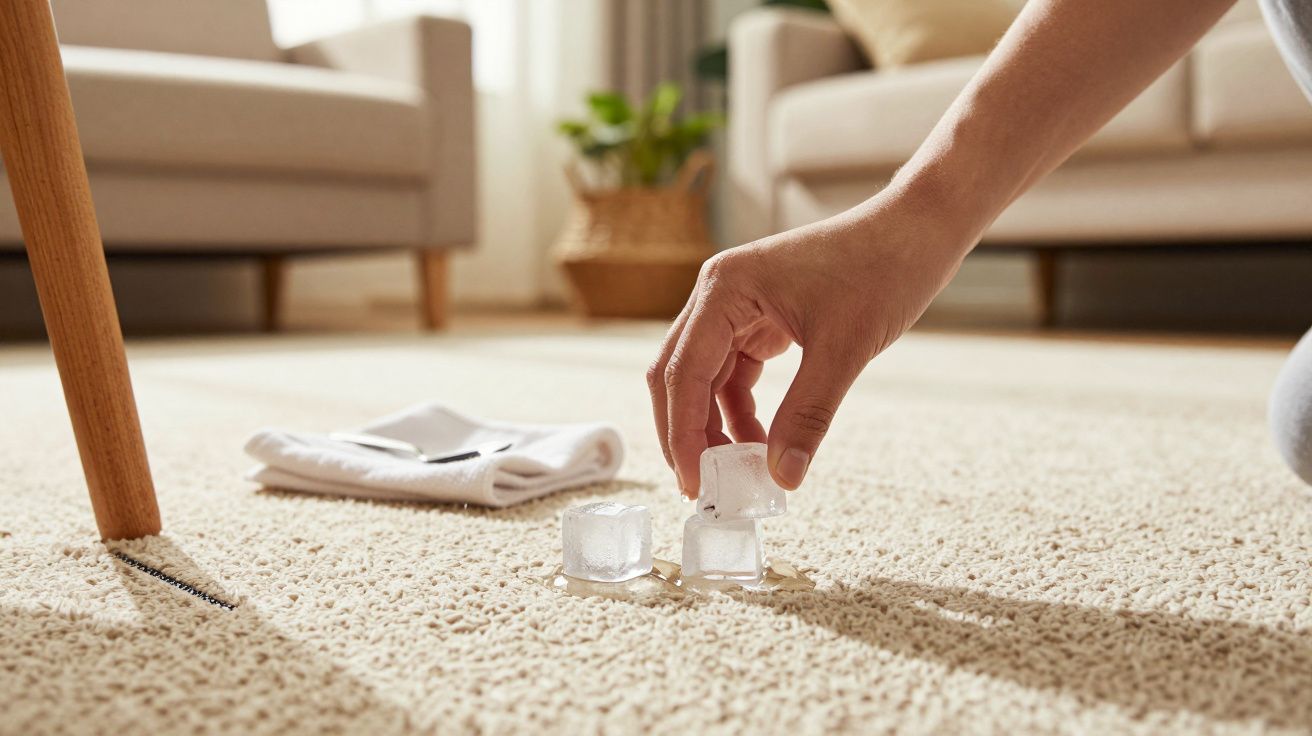 Mano colocando cubitos de hielo sobre una alfombra clara.