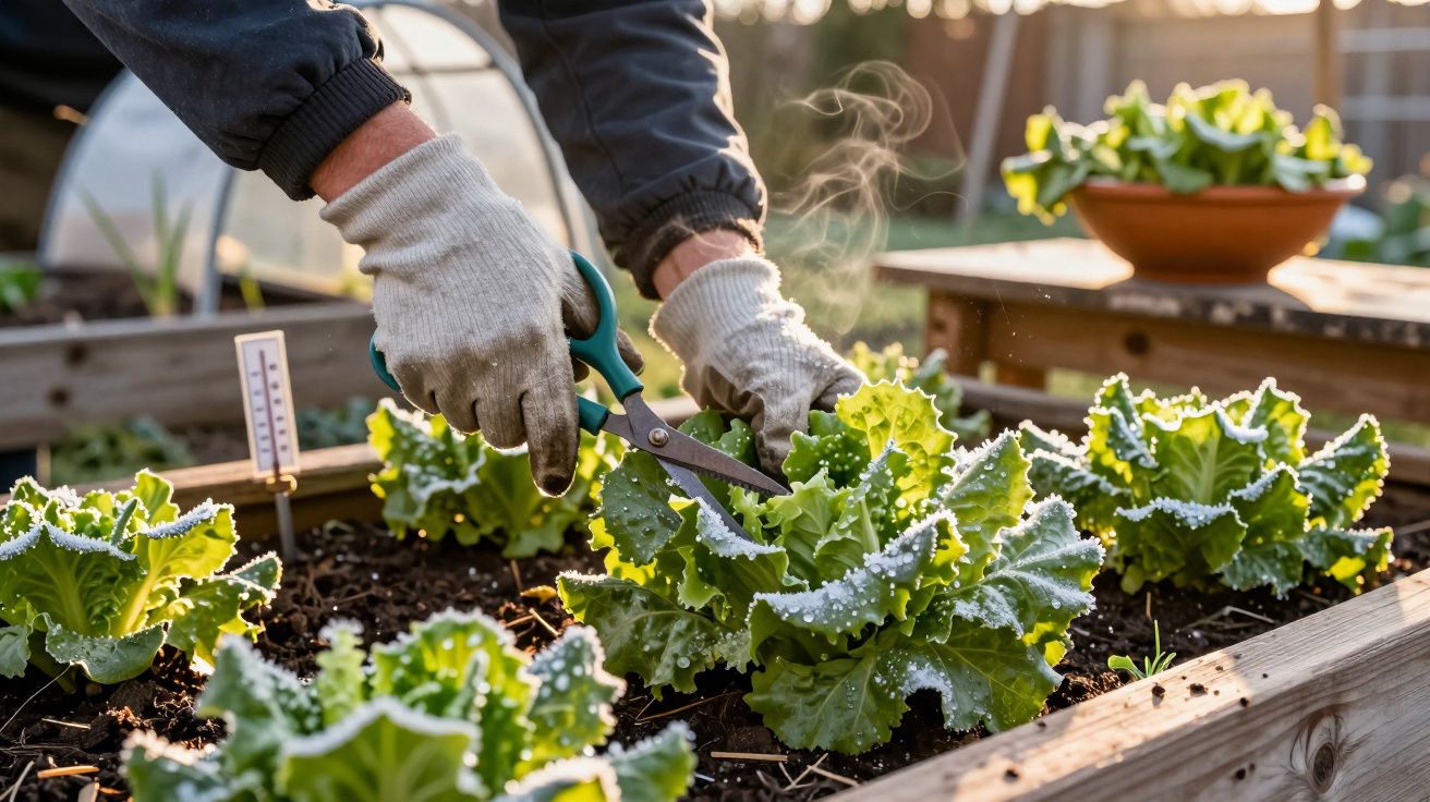 Persona cortando lechugas en un huerto con tijeras de podar, rodeada de escarcha y luz de la mañana.