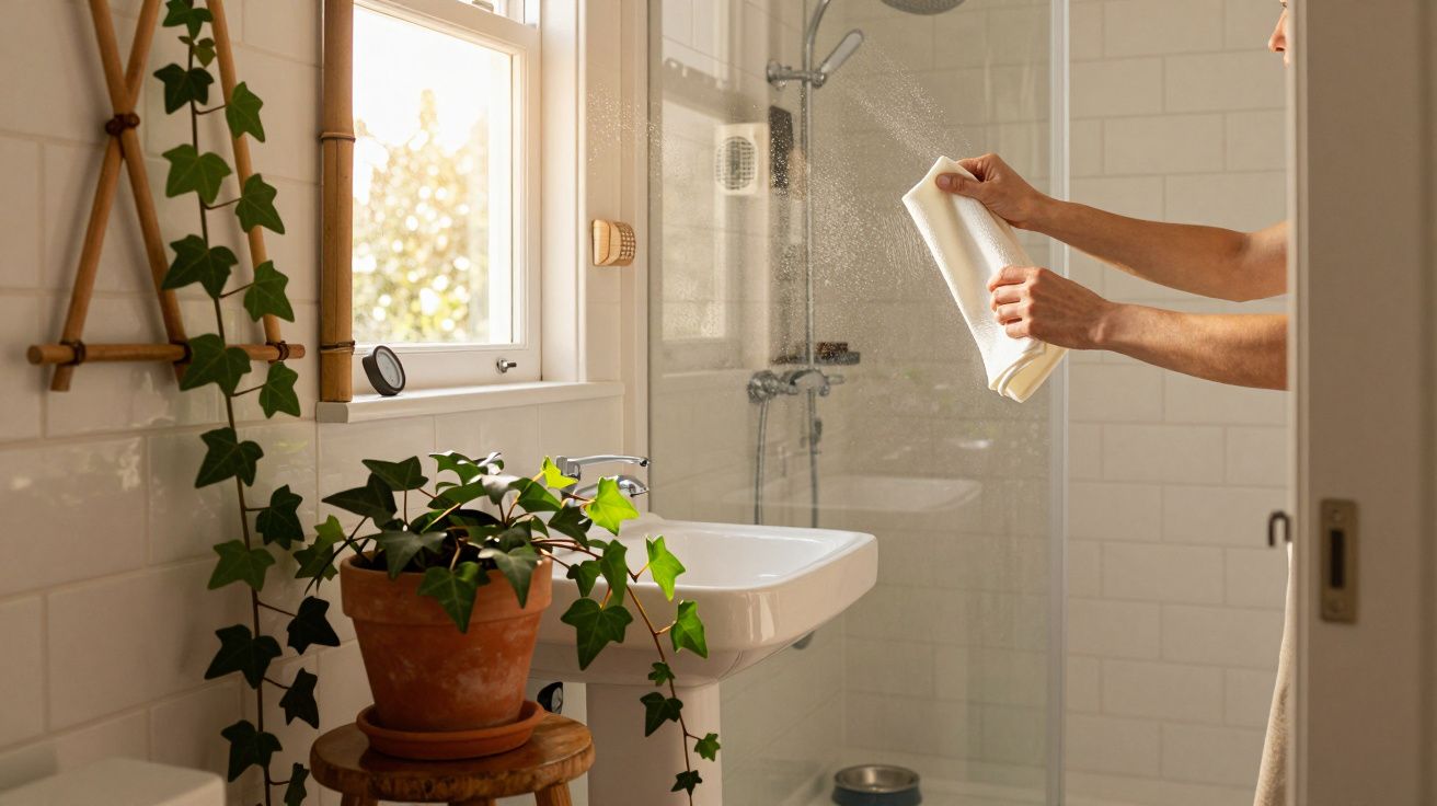 Baño luminoso con planta, lavabo y ducha. Persona limpia vidrio con paño.