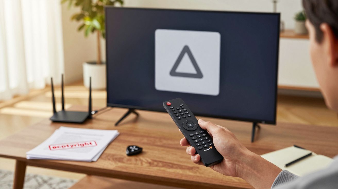 Persona con mando a distancia frente a televisores y router en una sala de estar moderna.