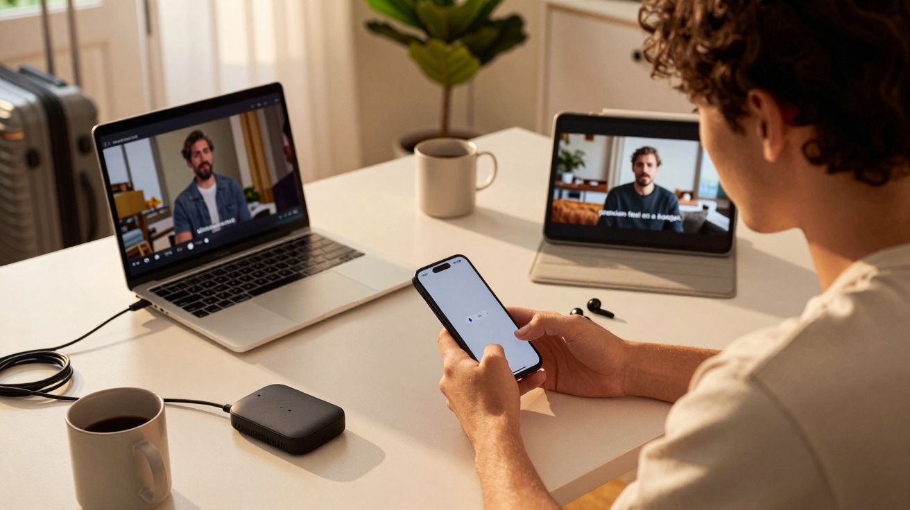 Hombre usando un smartphone en un escritorio con portátil y tablet, ambos mostrando videos, junto a una taza de café.