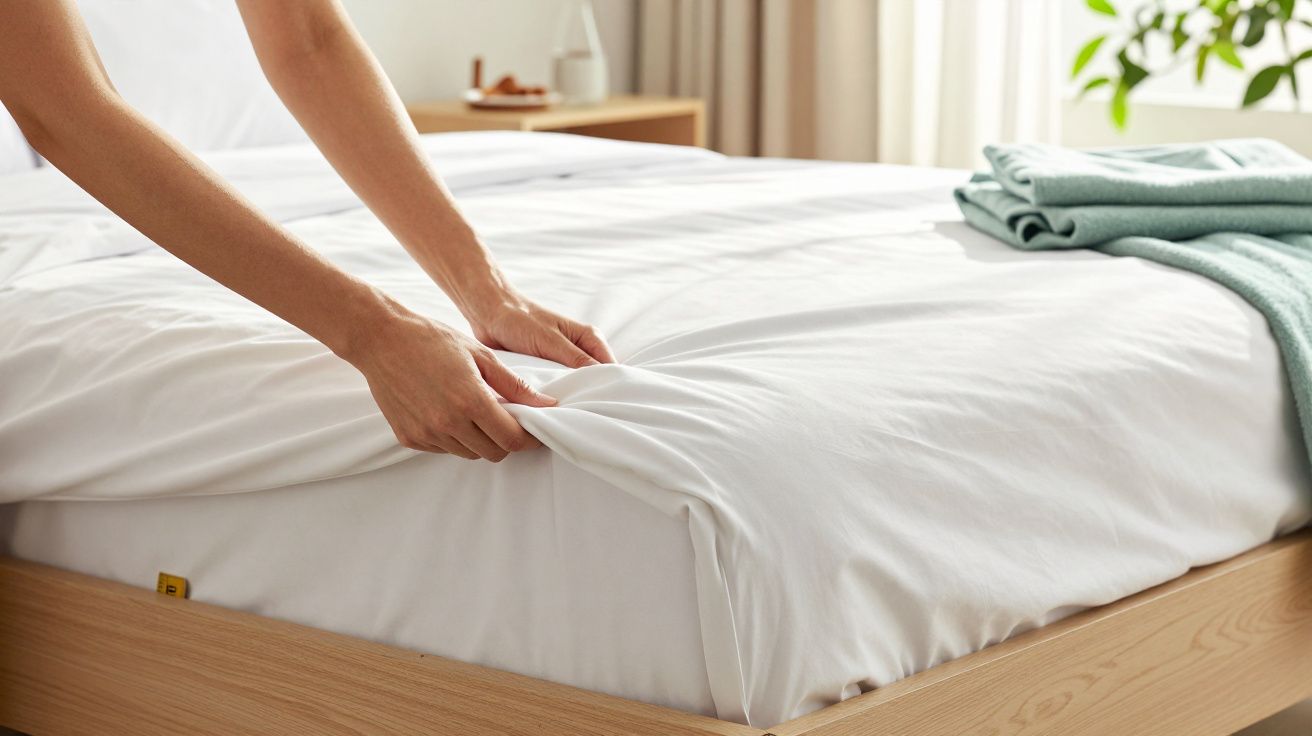 Manos ajustando una sábana blanca en una cama con colcha verde doblada al fondo.