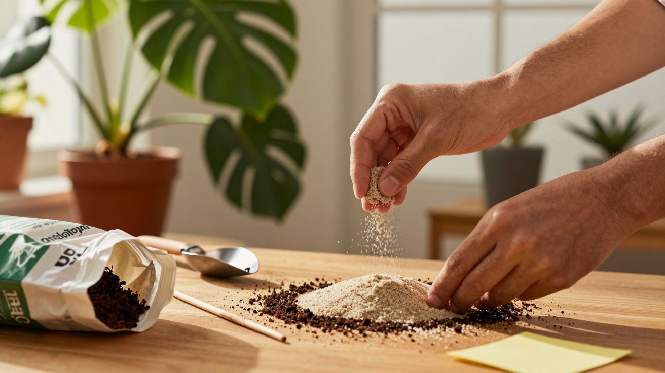Manos mezclando tierra y arena sobre una mesa. Hay una planta en el fondo.
