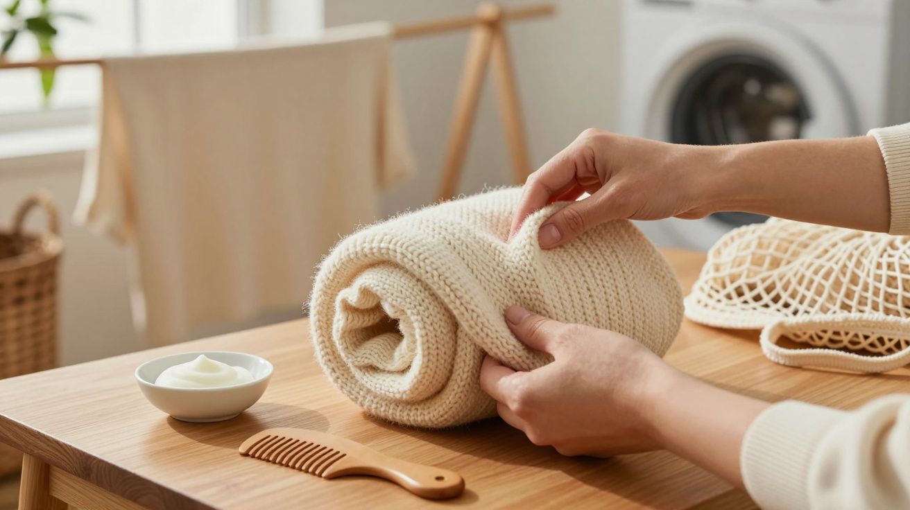 Manos doblando un jersey de lana crema sobre una mesa de madera, con peine, crema y bolsa de malla alrededor.
