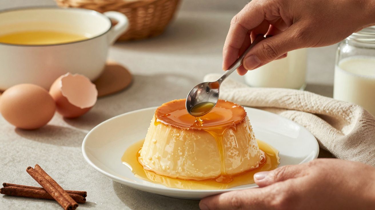 Mano vertiendo caramelo sobre flan en un plato blanco, rodeado de huevos, canela y leche en una mesa.