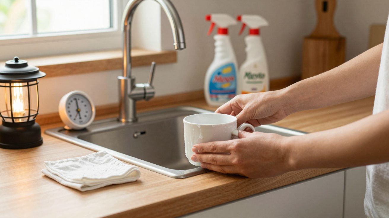Persona sosteniendo una taza blanca junto al fregadero en una cocina, con productos de limpieza y una lámpara pequeña cerca.