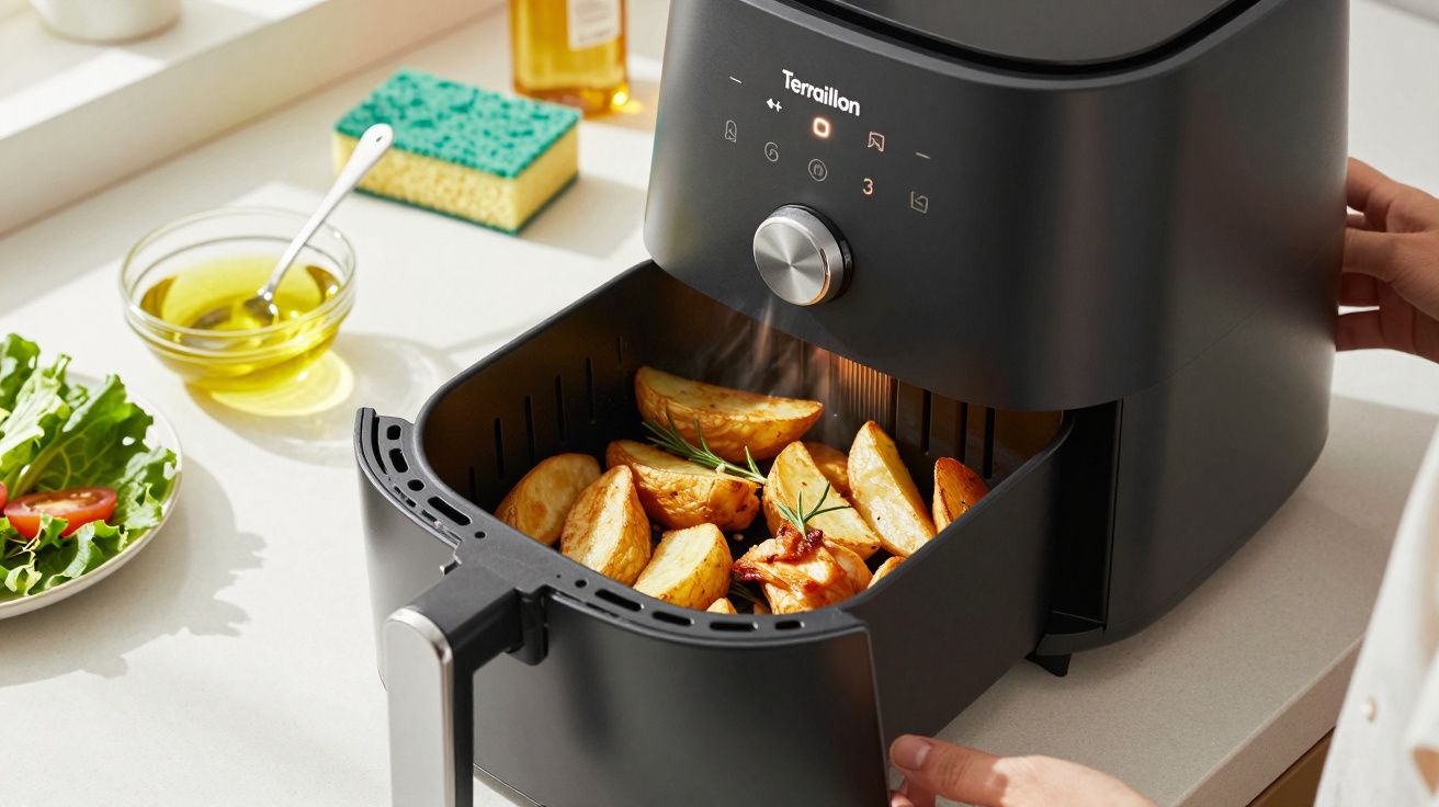 Freidora con patatas asadas en la cocina; lechuga y aceite al fondo.