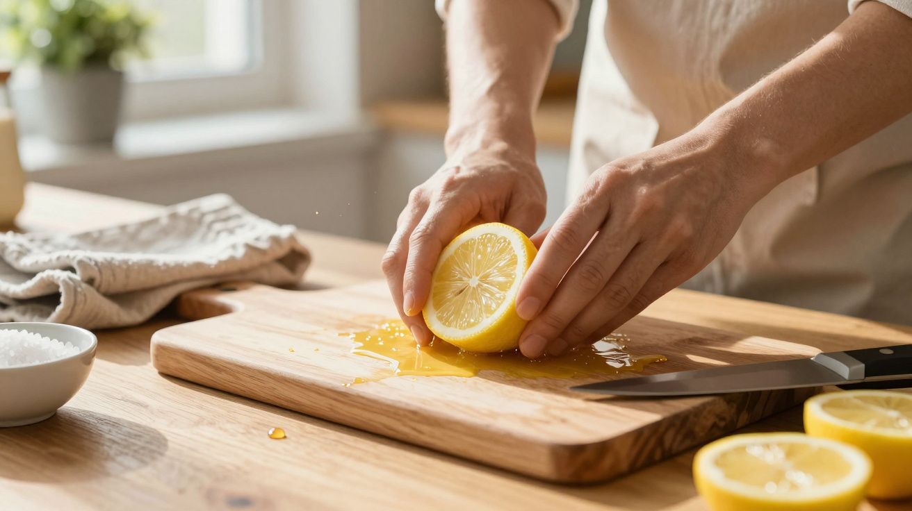 Manos exprimiendo medio limón sobre una tabla de madera en una cocina iluminada.