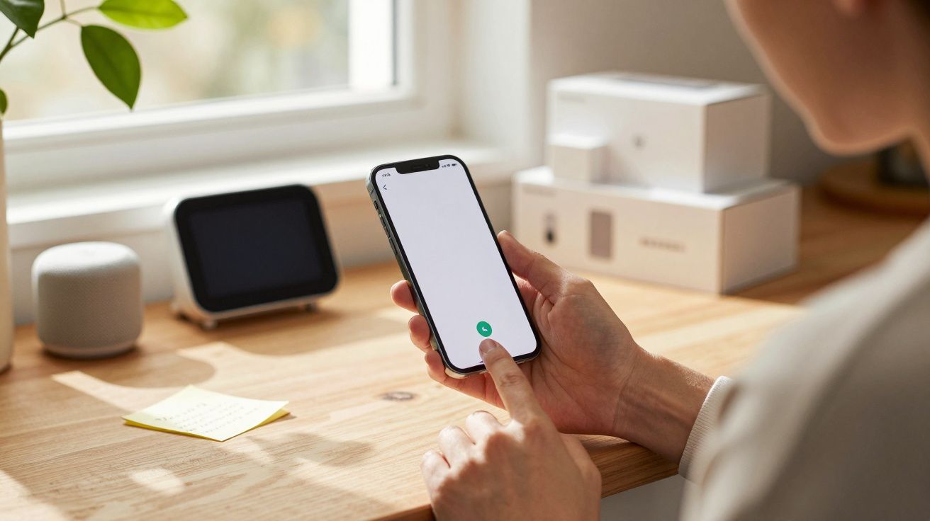 Persona usando un smartphone en una mesa junto a una ventana, con dispositivos electrónicos y una nota adhesiva.