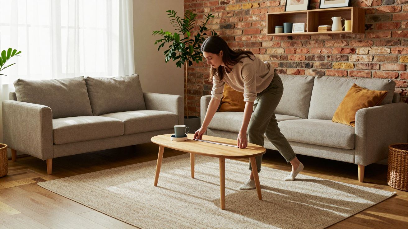 Mujer colocando una taza en una mesa de centro en una sala moderna con sofás grises y decoración acogedora.