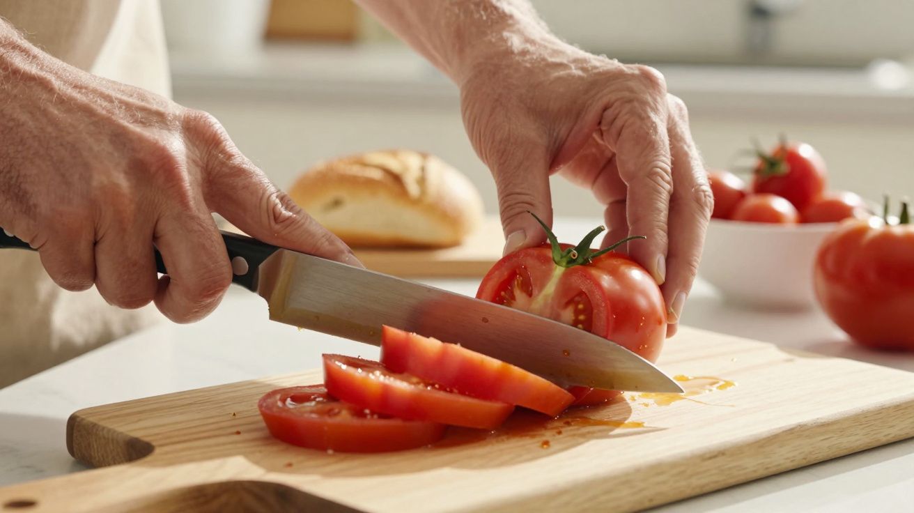 Manos cortando un tomate rojo en rodajas sobre una tabla de madera, con tomates y pan en el fondo.