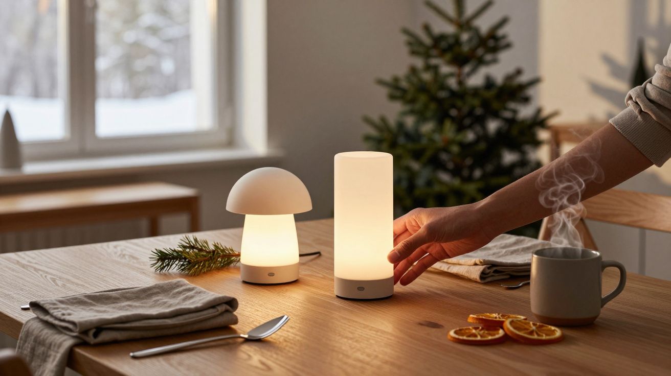 Persona enciende lámpara en mesa con taza humeante, rodajas de naranja y una planta en el fondo.