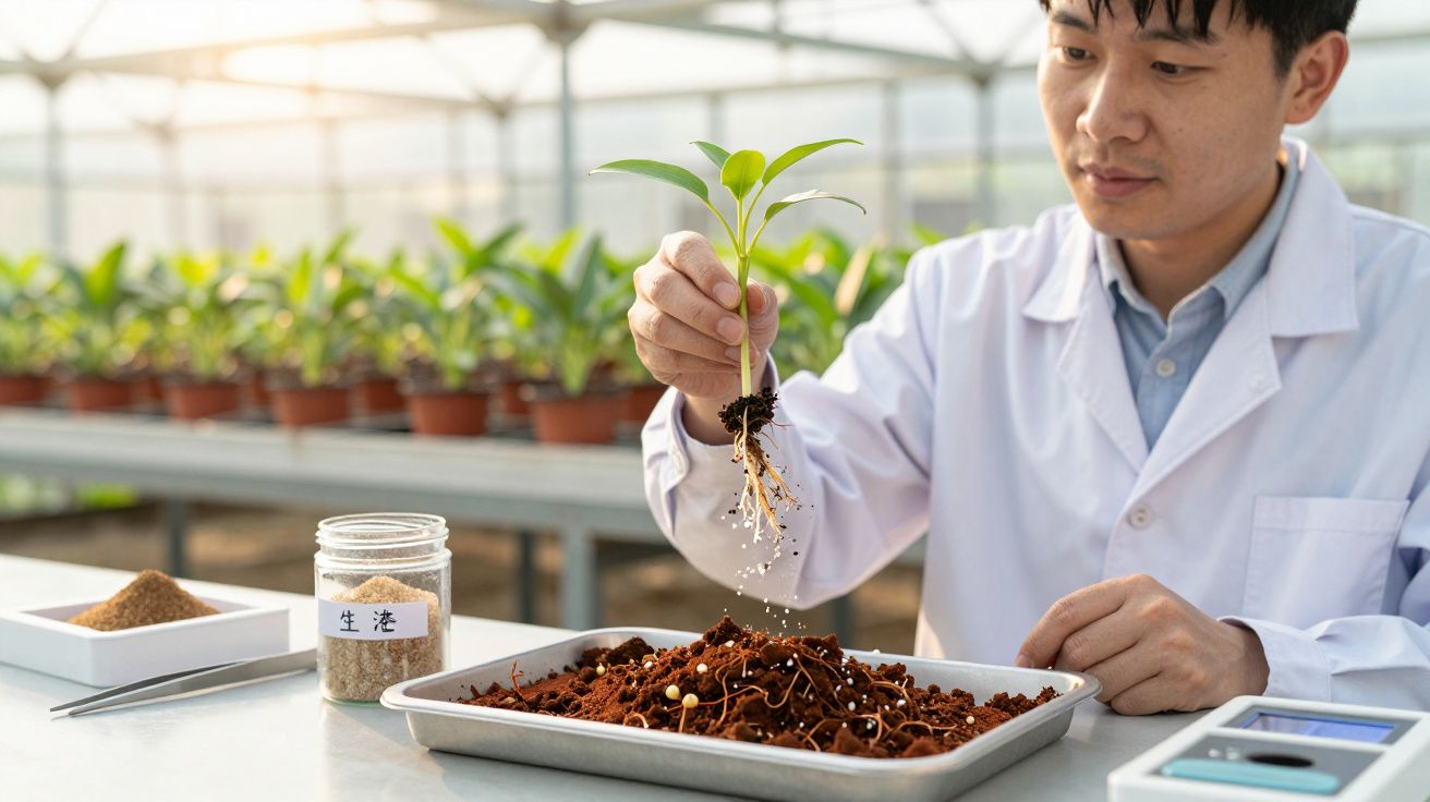 Científico en invernadero examina una planta joven sobre bandeja con tierra y nutrientes.