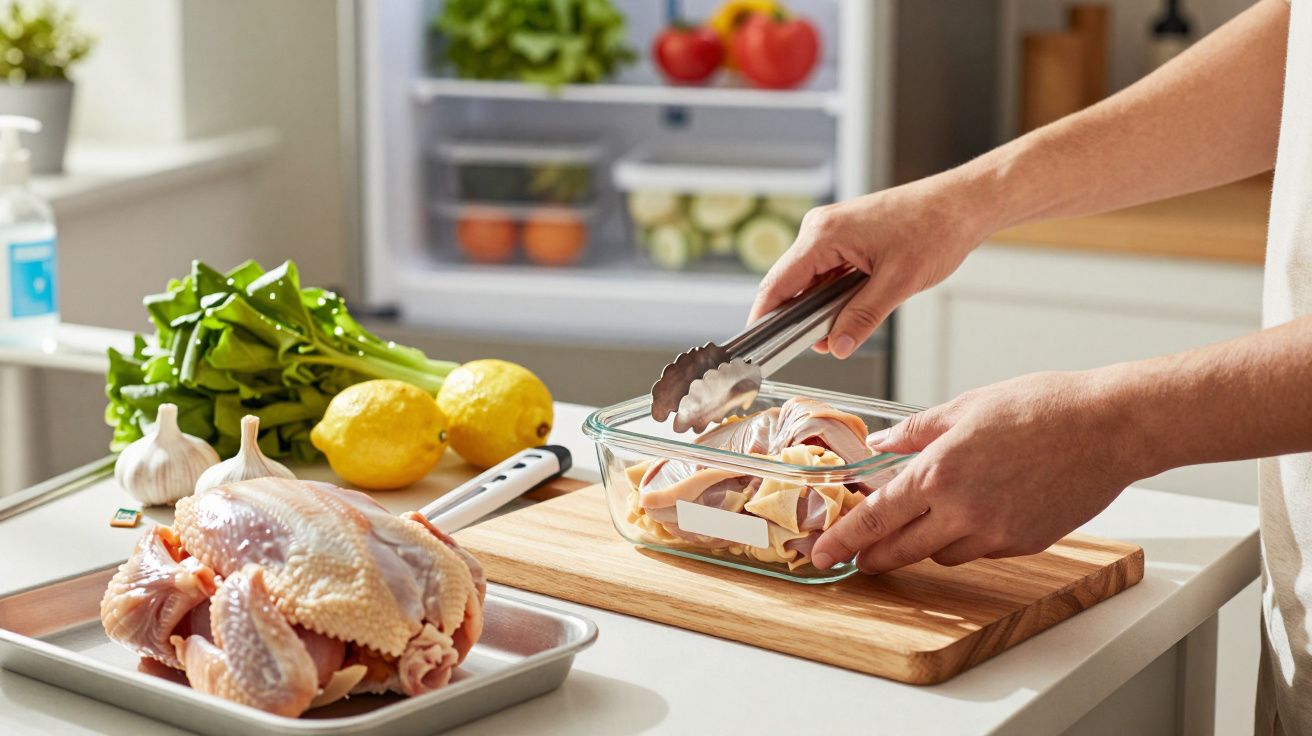 Persona preparando pollo en la cocina con limón, ajo y verduras. Nevera abierta al fondo con más ingredientes.