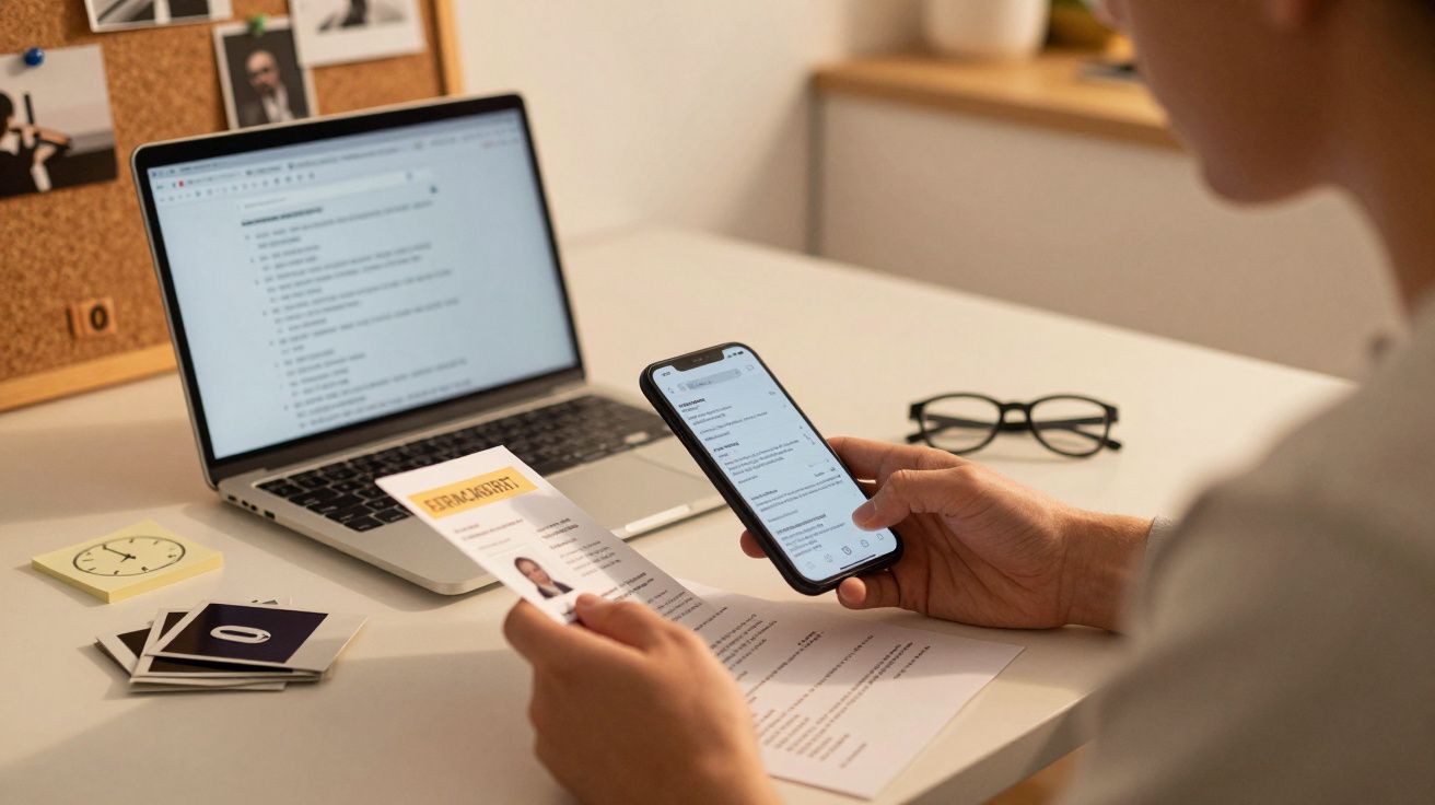 Persona revisando un CV y usando un teléfono móvil frente a un portátil en un escritorio ordenado.