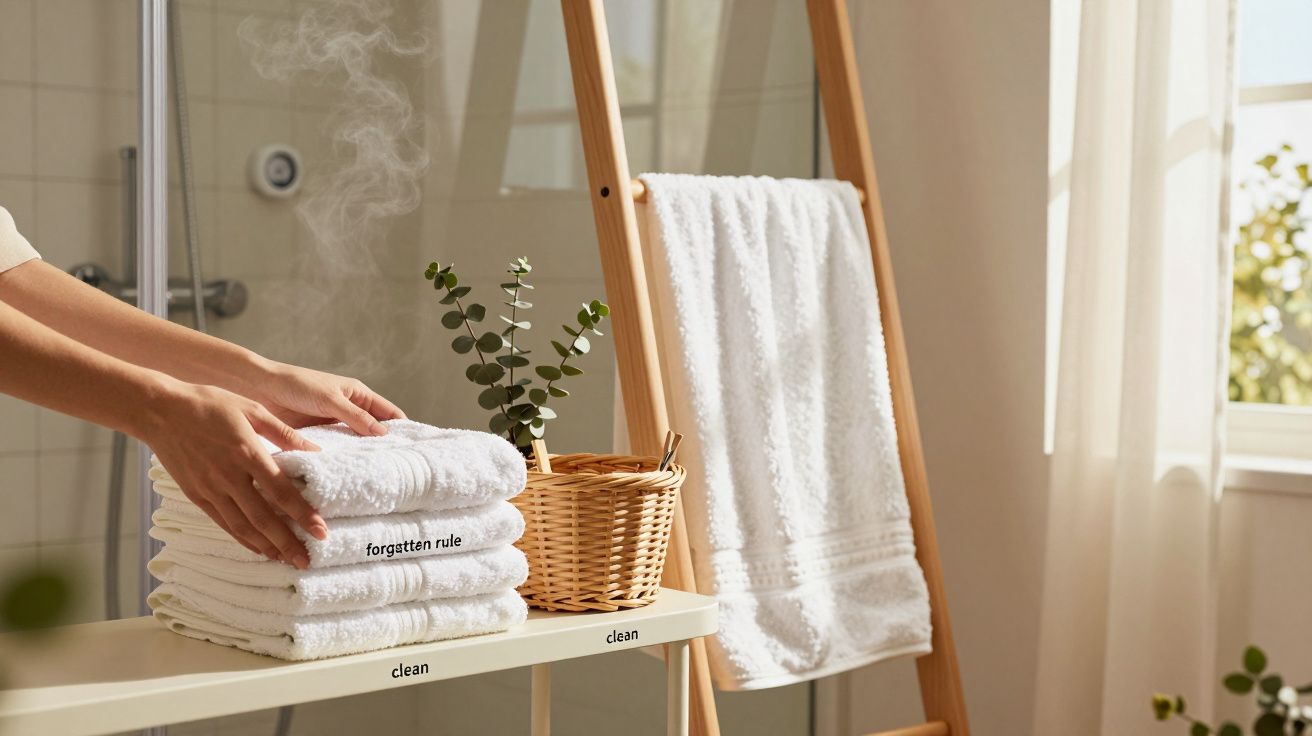 Manos apilando toallas blancas junto a una cesta de mimbre con eucalipto en un baño iluminado.
