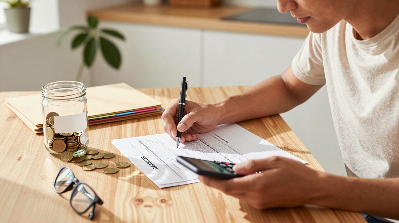 Persona revisando cuentas con móvil, bolígrafo y monedas en un frasco sobre la mesa de madera.