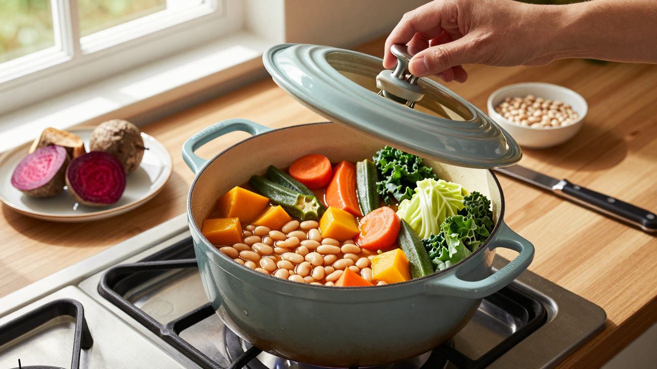Cacerola con verduras variadas y legumbres en una cocina, mano colocando la tapa, remolachas y legumbres en un plato al fondo