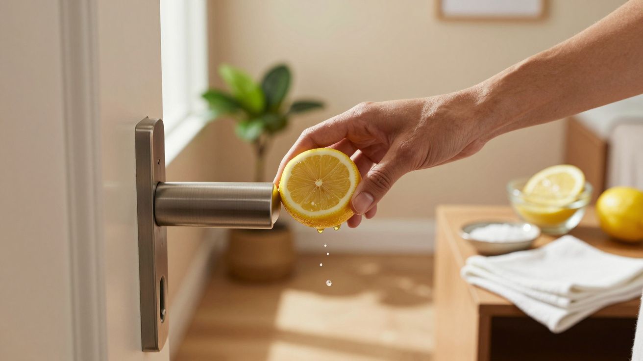 Mano exprimiendo un limón sobre un picaporte metálico, fondo con planta y objetos domésticos desenfocados.
