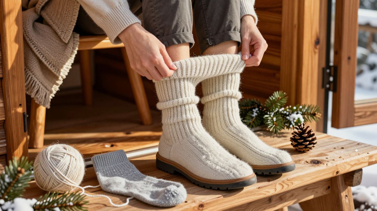Persona ajustando botas de lana crema en un porche de madera, con ovillo y calcetín gris al lado.