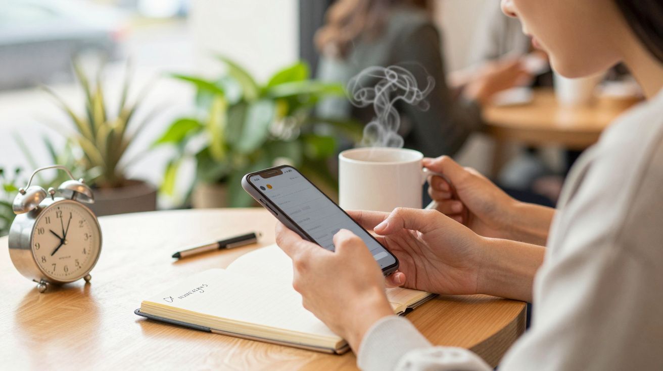 Persona usando un móvil mientras sostiene una taza de café en una cafetería, con un cuaderno y reloj en la mesa.