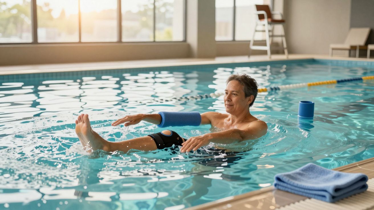 Hombre mayor haciendo ejercicio acuático en piscina cubierta con flotadores en brazo y pierna. Toallas al fondo.