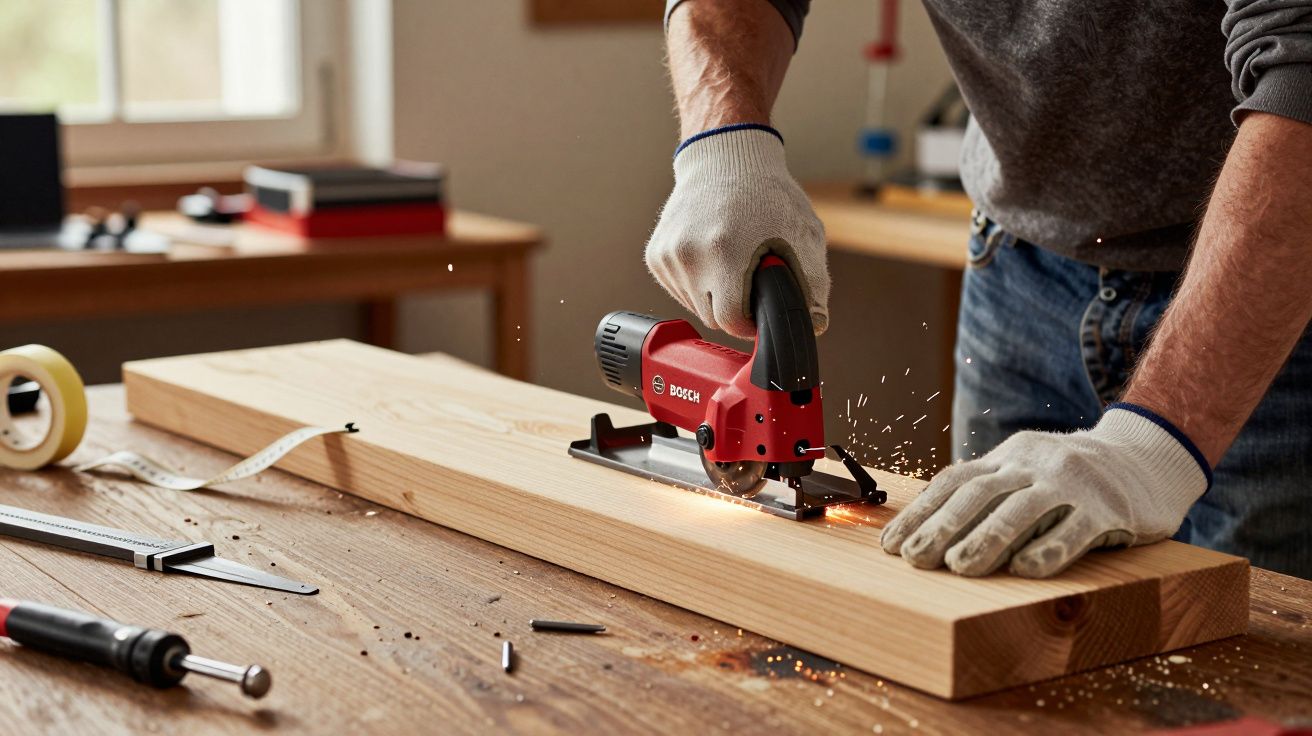 Persona cortando madera con una sierra eléctrica en un taller, con guantes de protección y herramientas sobre la mesa.