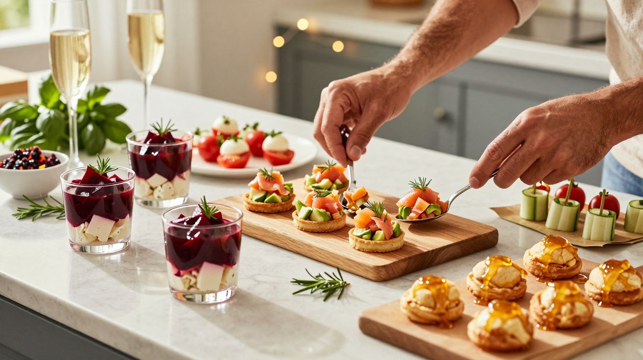 Persona preparando una mesa con aperitivos gourmet, incluyendo tartaletas, vasitos de ensalada y copas de espumoso.