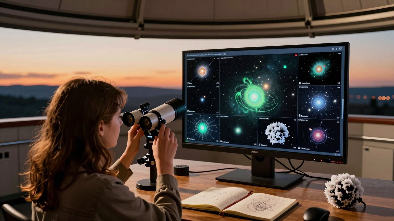 Mujer observando un telescopio en un observatorio; pantalla muestra imágenes espaciales. Atardecer de fondo.