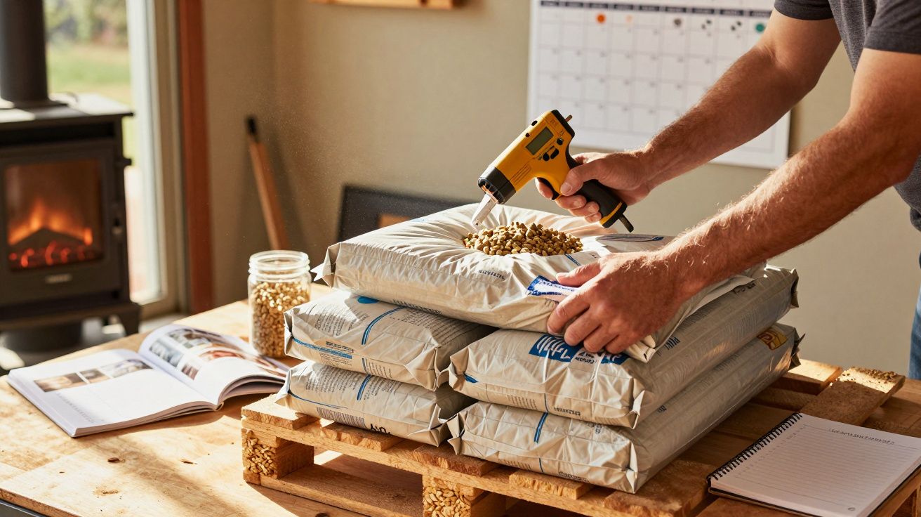 Hombre llenando una bolsa de pellets sobre palet con herramienta manual en habitación con estufa, libro y cuaderno sobre mesa