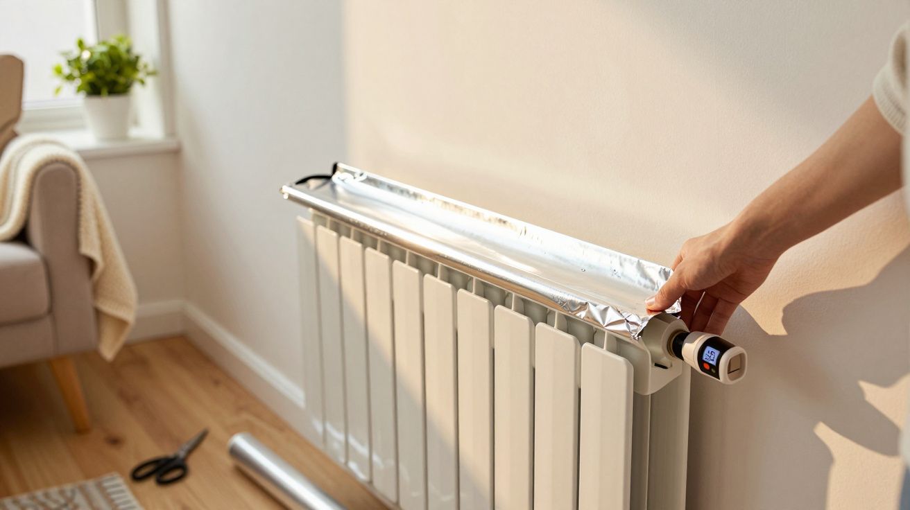 Persona instalando papel aluminio en un radiador para mejorar la eficiencia térmica en una sala iluminada.