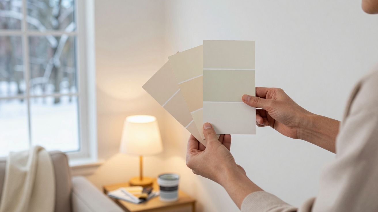 Persona sosteniendo muestras de pintura en una habitación luminosa con lámpara y ventana al fondo.