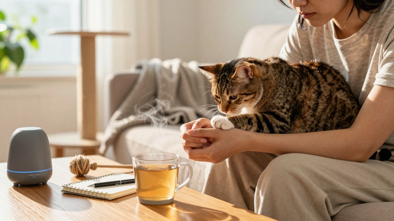 Persona sentada en un sofá acariciando un gato mientras sostiene una taza de té en una mesa cercana con una libreta y un alta