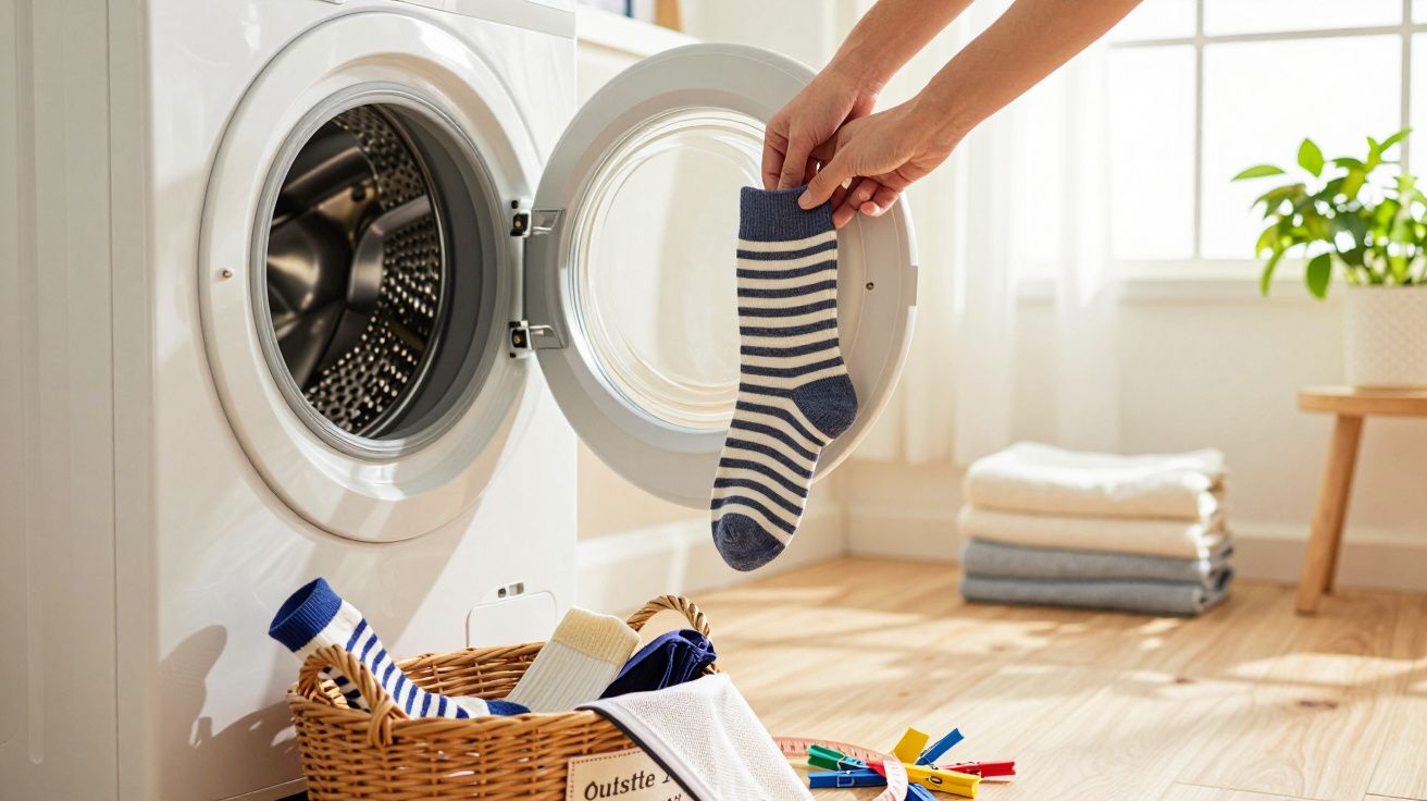 Mano colocando calcetín a rayas en lavadora abierta, cesto con ropa en el suelo, luz natural y plantas al fondo.