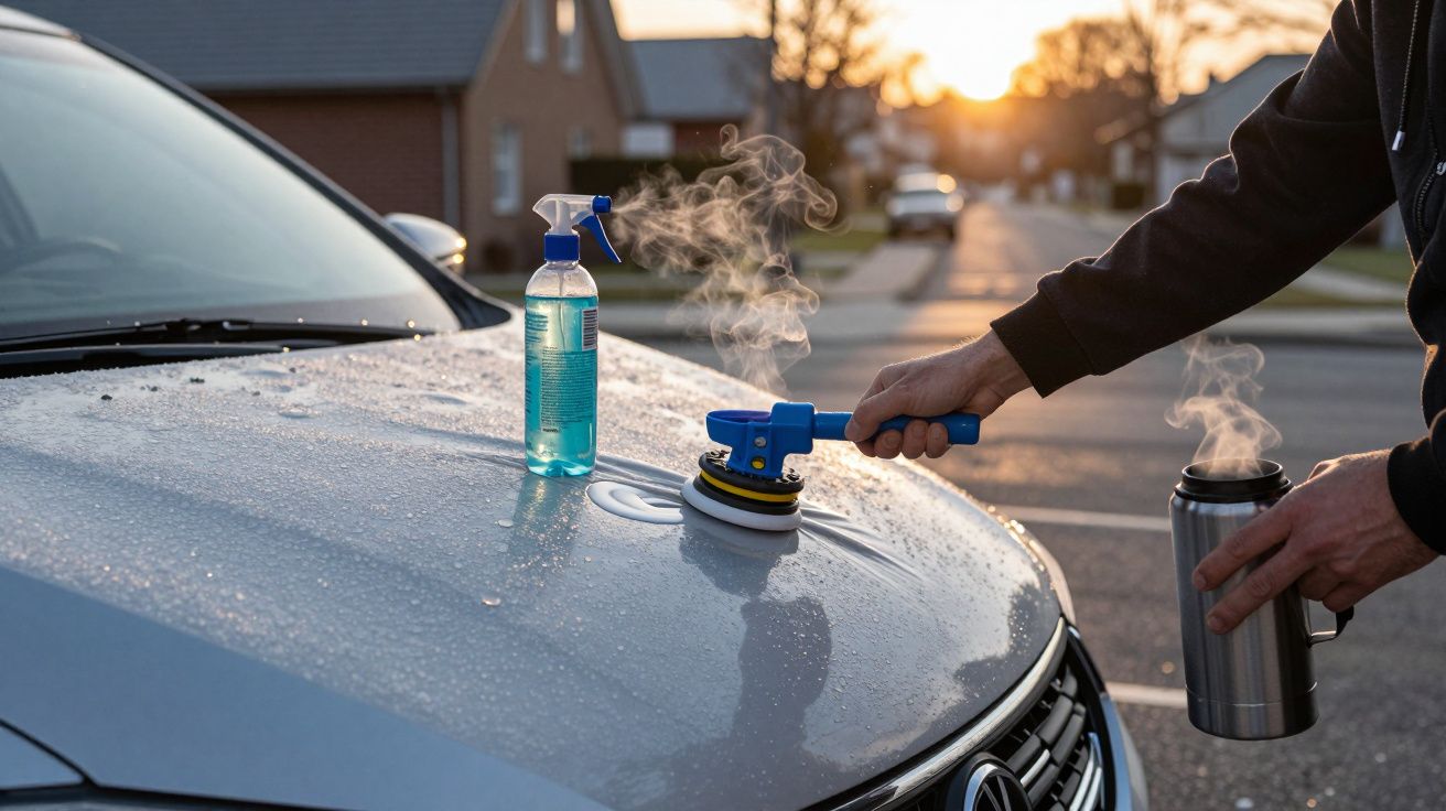 Mano limpia el capó de un coche con una pulidora, líquido y termo al atardecer en un barrio residencial.