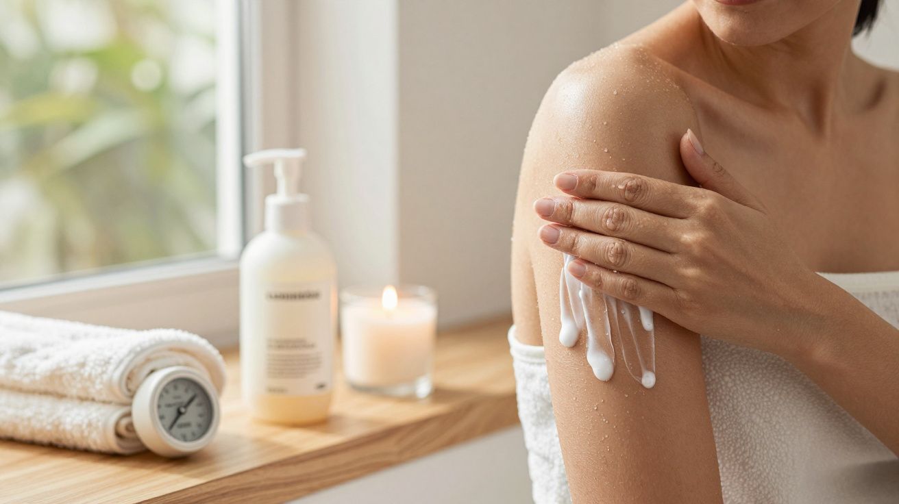 Mujer aplicando loción en el brazo junto a una vela y toalla; ambiente relajante.