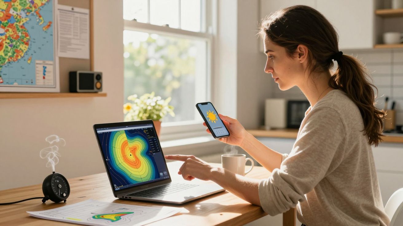 Mujer revisa pronóstico del tiempo en móvil y portátil en un escritorio con luz natural.