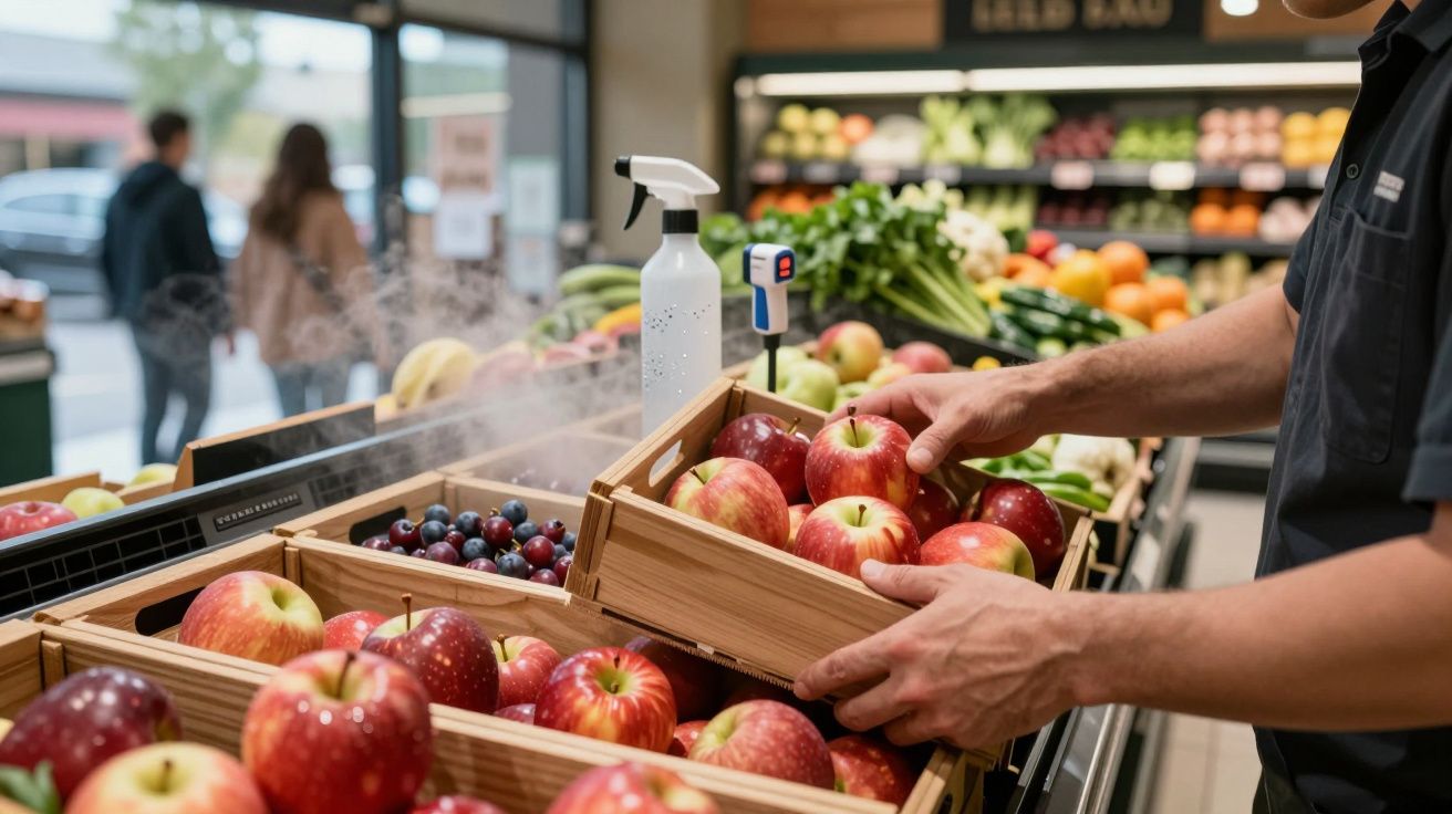 Persona colocando manzanas en cajas de madera en la sección de frutas y verduras de un supermercado.