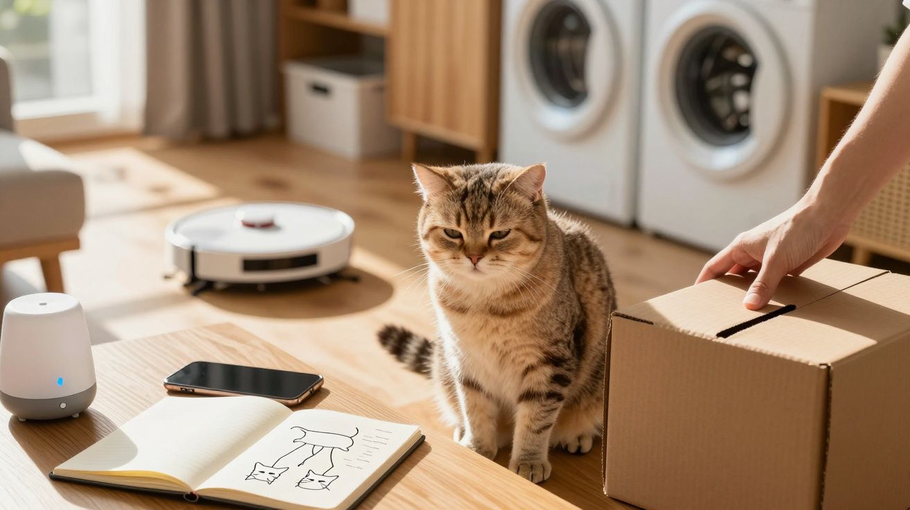 Gato sobre mesa junto a cuaderno y móvil, mientras una mano sostiene caja. Fondo: lavadora y robot aspiradora.