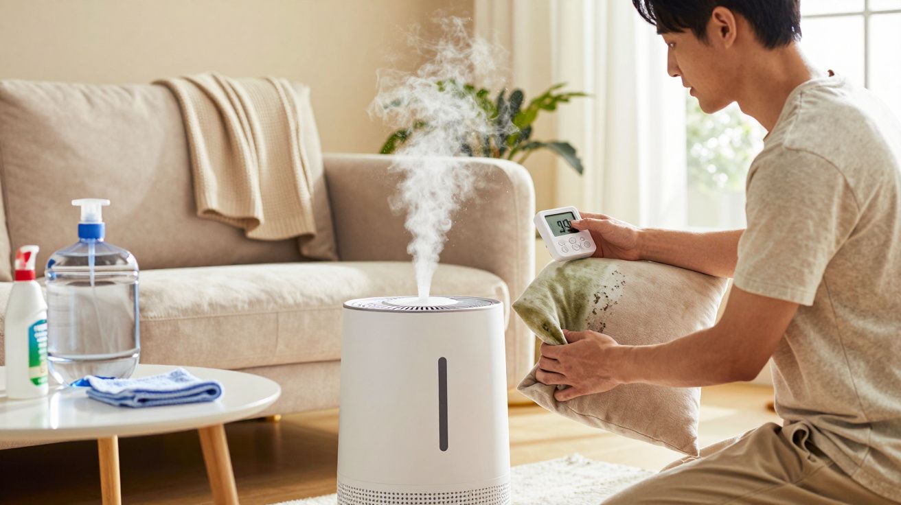Hombre ajustando un humidificador en la sala de estar, con sofás y productos de limpieza visibles.